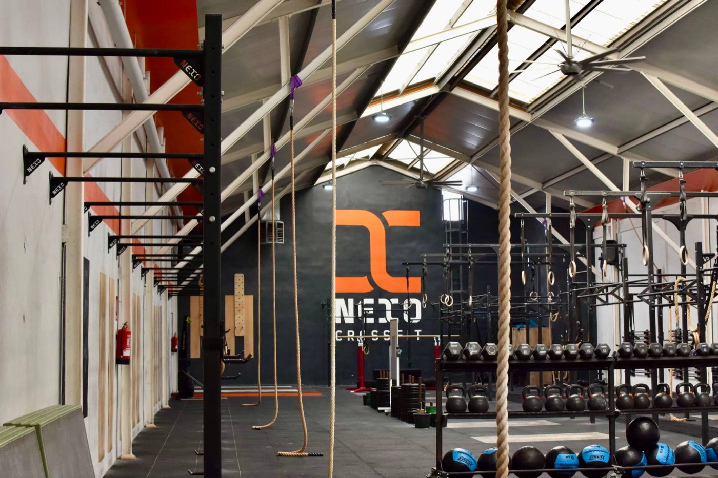Sala principal de Nexo CrossFit con cuerdas de trepa, racks y anillas